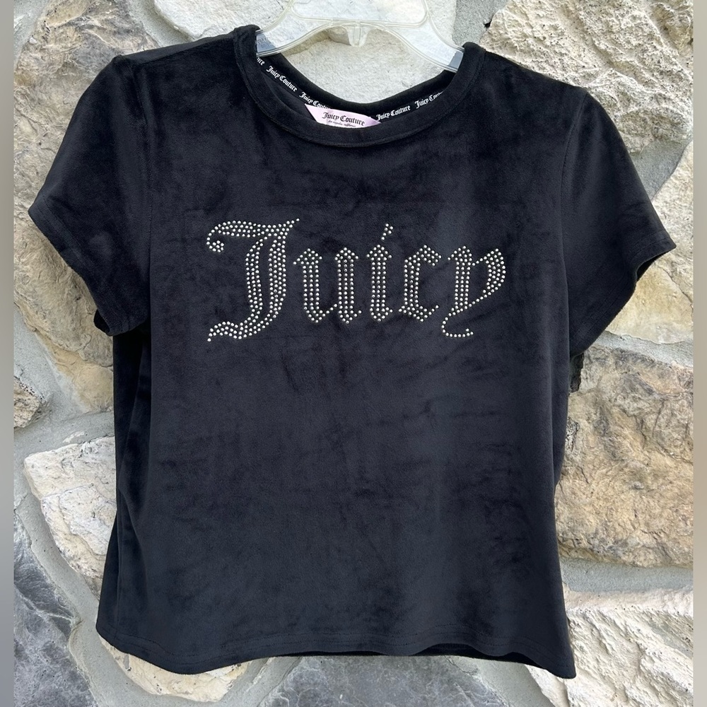 Juicy Couture Velour Crop Top Size L Black Big Rhinestone Bling Logo Y2K Style